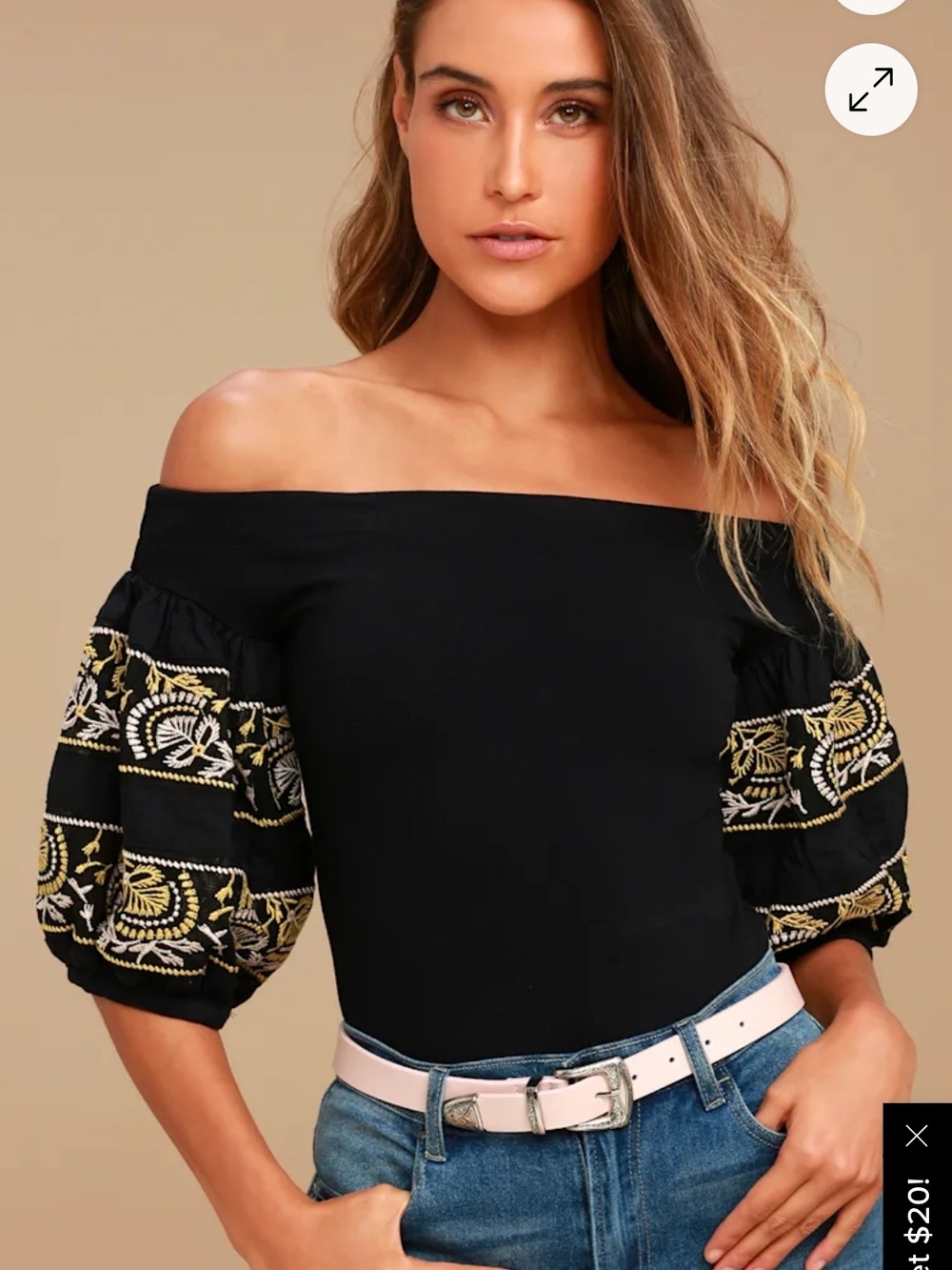 Free People Black Off-the-Shoulder Top  with Embroidered Puff Sleeves